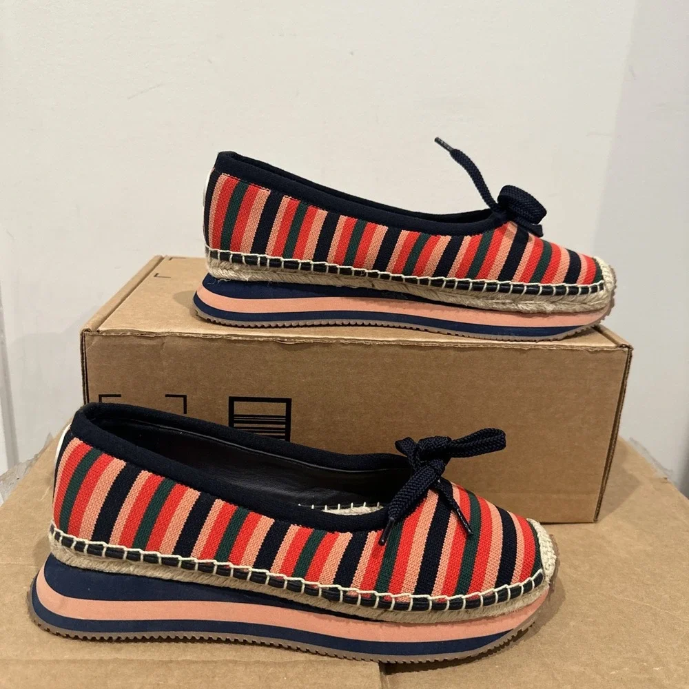 Tory Burch 9.5M Daisy Sport Multi Stripe Circular Knit Reva Bow Espadrille Flats